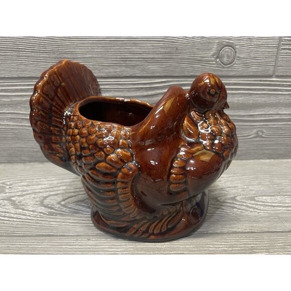 Haeger Thanksgiving Turkey Dark Brown Planter Vase Ceramic Autumn Centerpiece - Picture 1 of 9